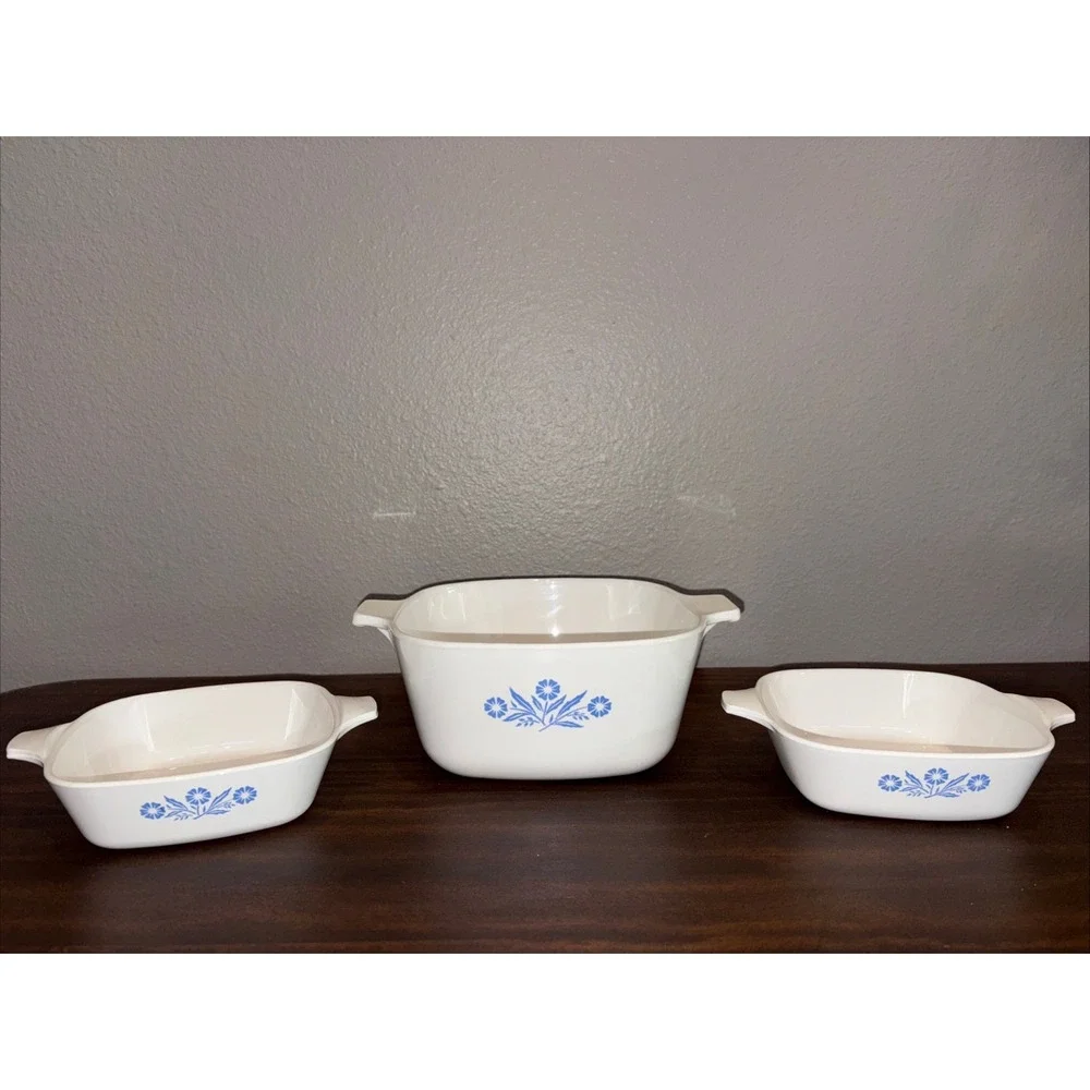 Vintage 60's Set Of 3 Corning Ware Blue Cornflower 2xP-41 & P-1 3/4-B/No Lids